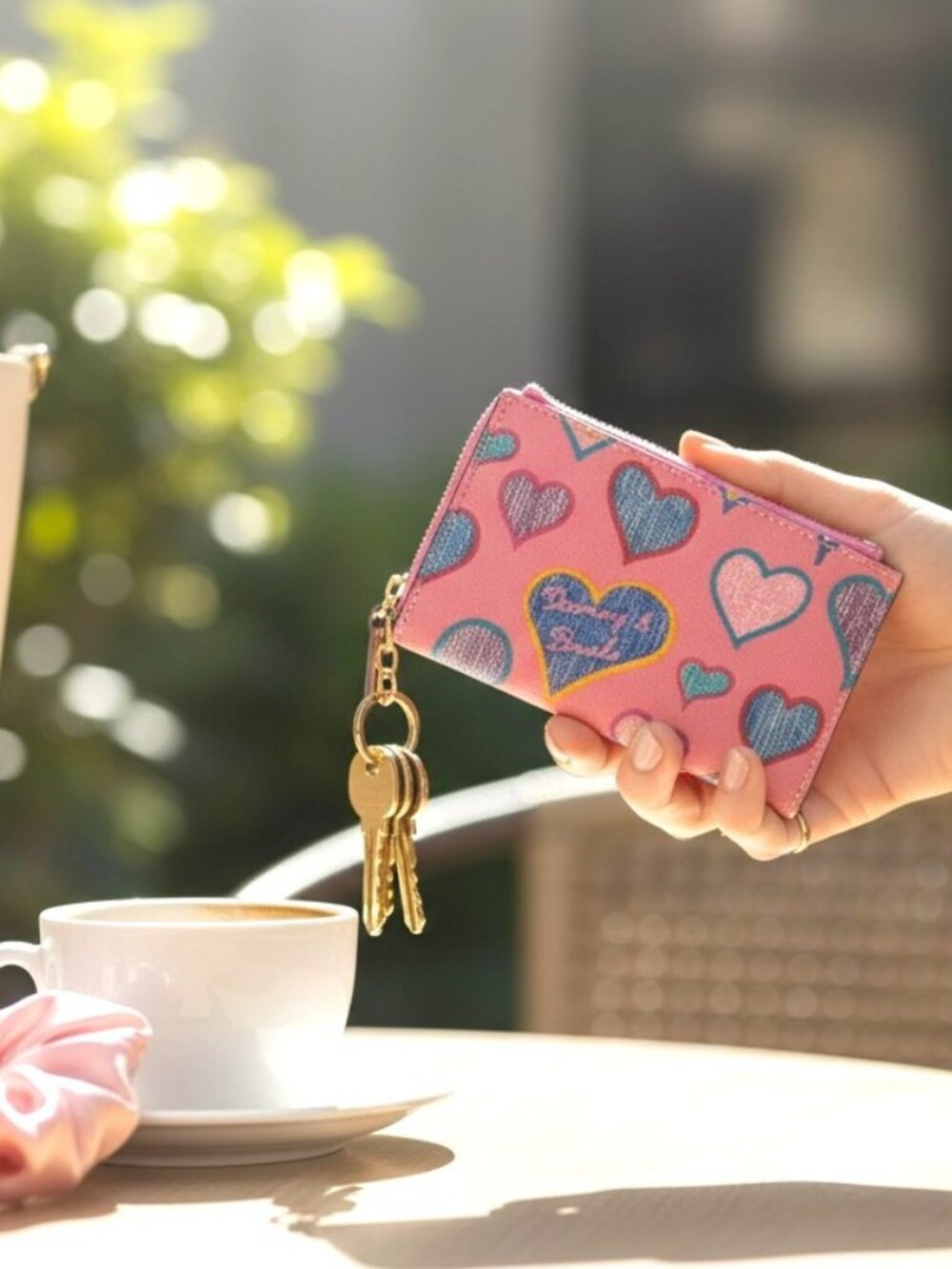 Dooney & Bourke Pink Heart Print Card & Key Pouch with Gold Ring Charm